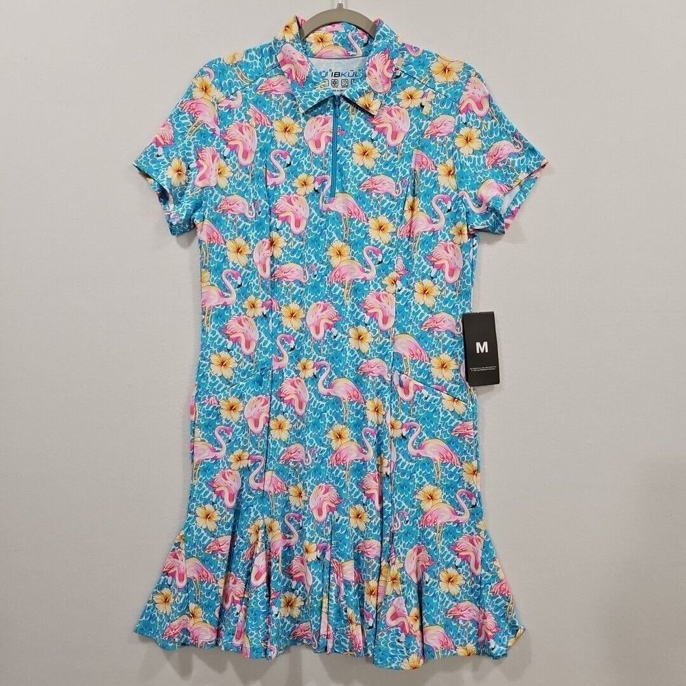 IBKUL Penny Godet Dress M Turquoise Blue Pink Flamingo 1/4 Zip Short Sleeve UPF